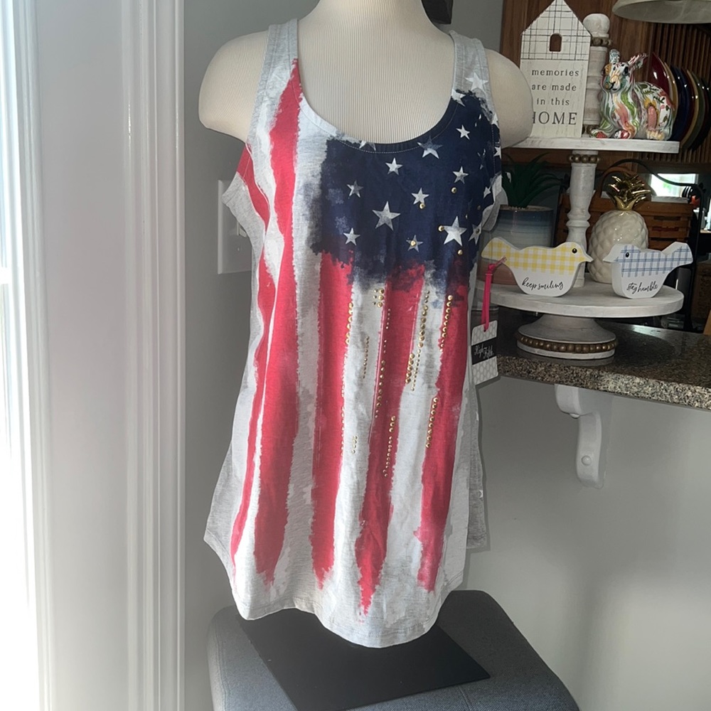 NWT HIGH FIFTH Gray Background with Stars & Stripes Gold Stud Tank Top Size:XL